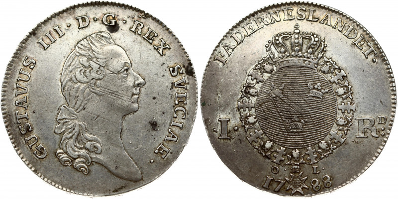 Sweden 1 Riksdaler 1788 OL Gustav III (1771-1792). Obverse: Head right. Reverse:...