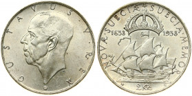 Sweden 2 Kronor 1938 G 300th Anniversary - Settlement of Delaware. Gustaf V (1907-1950). Obverse: Head left. Reverse: The ship 'Calmare Nyckel'. Edge ...