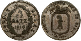Switzerland BASEL 3 Batzen 1810 Obverse: City arms above sprigs. Obverse Legend: CANTON BASEL. Reverse: Value; date within wreath. Silver. KM 198