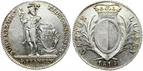 Switzerland LUZERN 4 Franken 1814 Obverse: Crowned oval shield within palm sprigs. Obverse Legend: CANTON LUZERN. Reverse: Standing knight; shield; va...