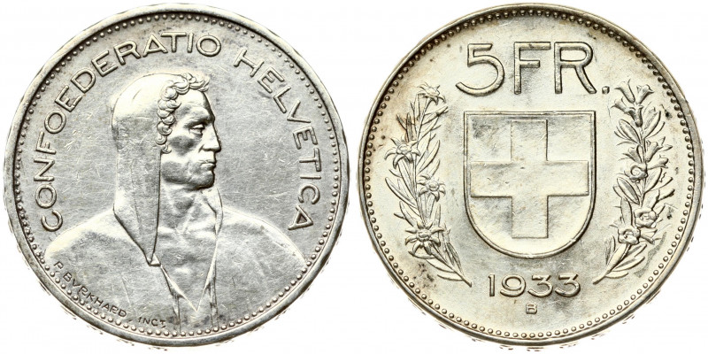 Switzerland 5 Francs 1933B Obverse: William Tell right. Reverse: Shield flanked ...