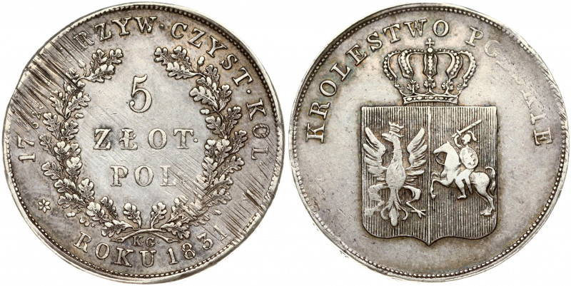 Russia 5 Zlotych 1831 KG 'Polish uprising'. Obverse: Coat of arms of the Novembe...