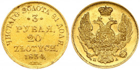 Russia For Poland 3 Roubles - 20 Zlotych 1834 СПБ-ПД Nicholas I (1826-1855). Obverse: Shield within wreath on breast; 3 shields in wings. Reverse: Val...