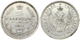Russia 25 Kopecks 1857 СПБ-ФБ St. Petersburg. Alexander II (1854-1881). Obverse: Crowned double imperial eagle. Reverse: Crown above value and date wi...