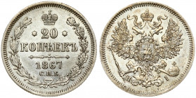 Russia 20 Kopecks 1867СПБ-НІ St. Petersburg. Alexander II (1854-1881). Obverse: Eagle redesigned ribbons on crown. Reverse: Crown above date and value...