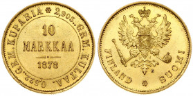 Russia for Finland 10 Markkaa 1878 S Alexander II (1854-1881). Obverse: Crowned imperial double eagle holding orb and scepter. Reverse: Denomination a...