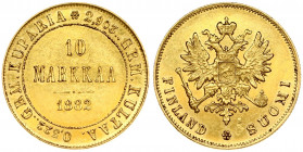 Russia for Finland 10 Markkaa 1882 S Alexander III (1881-1894). Obverse: Crowned imperial double eagle holding orb and scepter. Reverse: Denomination ...