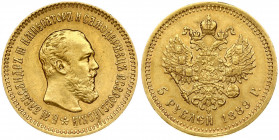 Russia 5 Roubles 1889 (АГ) St. Petersburg. Alexander III (1881-1894). Obverse: Head right. Reverse: Crowned double imperial eagle ribbons on crown. Go...