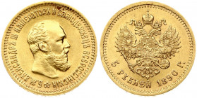 Russia 5 Roubles 1890 (АГ) St. Petersburg. Alexander III (1881-1894). Obverse: Head right. Reverse: Crowned double imperial eagle ribbons on crown. Go...