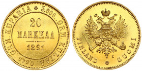 Russia for Finland 20 Markkaa 1891 L Alexander III (1881-1894). Obverse: Crowned imperial double eagle holding orb and scepter. Reverse: Denomination ...