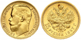 Russia 15 Roubles 1897 (АГ) St. Petersburg. Nicholas II (1894-1917). Obverse: Head left. Reverse: Crowned double-headed imperial eagle ribbons on crow...