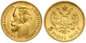 Russia 5 Roubles 1900 (ФЗ) St. Petersburg. Nicholas II (1894-1917). Obverse: Head right. Reverse: Crowned double imperial eagle ribbons on crown. Gold...
