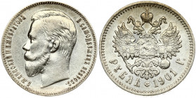 Russia 1 Rouble 1901 (ФЗ) St. Petersburg. Nicholas II (1894-1917). Obverse: Head left. Reverse: Crowned double imperial eagle ribbons on crown. Silver...