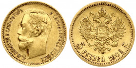 Russia 5 Roubles 1901 (ФЗ) St. Petersburg. Nicholas II (1894-1917). Obverse: Head right. Reverse: Crowned double imperial eagle ribbons on crown. Gold...