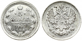 Russia 5 Kopecks 1902 СПБ-AP St. Petersburg. Nicholas II (1894-1917). Obverse: Crowned double-headed imperial eagle ribbons on crown. Reverse: Crown a...