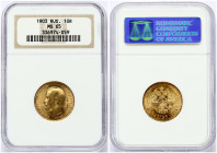 Russia 10 Roubles 1903 (AP) St. Petersburg. Nicholas II (1894-1917). Obverse: Head right. Reverse: Crowned double imperial eagle ribbons on crown. Gol...