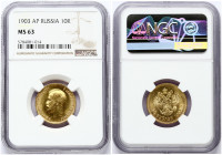 Russia 10 Roubles 1903 (AP) St. Petersburg. Nicholas II (1894-1917). Obverse: Head right. Reverse: Crowned double imperial eagle ribbons on crown. Gol...