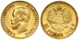 Russia 10 Roubles 1903 (AP) St. Petersburg. Nicholas II (1894-1917). Obverse: Head right. Reverse: Crowned double imperial eagle ribbons on crown. Gol...