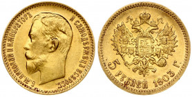Russia 5 Roubles 1903 (АР) St. Petersburg. Nicholas II (1894-1917). Obverse: Head right. Reverse: Crowned double imperial eagle ribbons on crown. Gold...