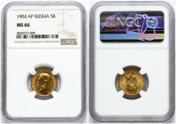 Russia 5 Roubles 1904 (AP) St. Petersburg. Nicholas II (1894-1917). Obverse: Head right. Reverse: Crowned double imperial eagle ribbons on crown. Gold...
