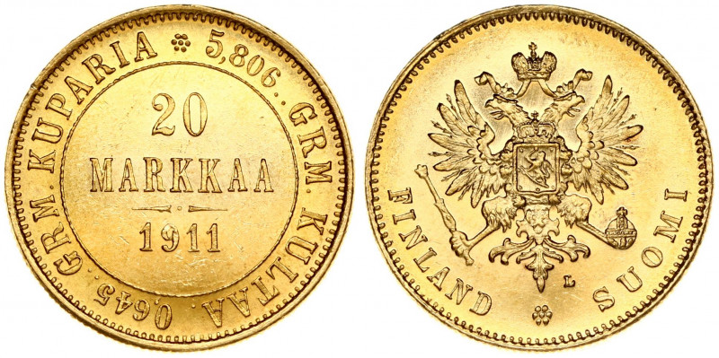 Russia for Finland 20 Markkaa 1911 L Nicholas II (1894-1917). Obverse: Crowned i...