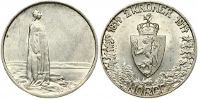 Norway 2 Kroner 1914 Constitution centennial. Haakon VII (1905-1957). Obverse: Crowned shield. Reverse: Standing figure facing right. Silver. KM 377