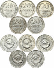 Russia USSR 20 Kopecks (1924-1929). Obverse: National arms within circle. Reverse: Value and date within oat sprigs. Silver. Y 88. Lot of 5 Coins