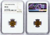 Russia USSR 1 Kopeck 1934 Obverse: National arms within circle. Reverse: Value and date within oat sprigs. Aluminum-Bronze. Y 91. NGC MS 66 ONLY 2 COI...