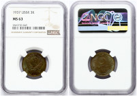 Russia USSR 3 Kopecks 1937 Obverse: National arms within circle. Reverse: Value and date within oat sprigs. Aluminum-Bronze. Y 107. NGC MS 63