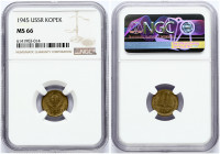Russia USSR 1 Kopeck 1945 Obverse: National arms. Reverse: Value and date within oat sprigs. Edge Description: Reeded. Aluminum-Bronze. Y 105. NGC MS ...