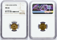 Russia USSR 1 Kopeck 1948 Obverse: National arms. Reverse: Value and date within oat sprigs. Edge Description: Reeded. Aluminum-Bronze. Y 112. NGC MS ...