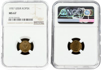 Russia USSR 1 Kopeck 1957 Obverse: National arms. Reverse: Value and date within oat sprigs. Edge Description: Reeded. Aluminum-Bronze. Y 119. NGC MS ...