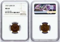 Russia USSR 2 Kopecks 1957 Obverse: National arms. Reverse: Value and date within oat sprigs. Edge Description: Reeded. Aluminum-Bronze. Y 120. NGC MS...