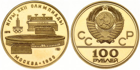 Russia 100 Roubles 1978(L) 1980 Olympics. Obverse: National arms divide CCCP with value below. Reverse: Lenin Stadium. Gold 17.17g. Y 151