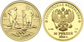 Russia 50 Roubles 2014 Winter Olympics Sochi Curling. Obverse: In the centre - the relief image of the National Coat of Arms of the Russian Federation...