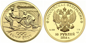 Russia 50 Roubles 2014 Winter Olympics Sochi Ice hockey. Obverse: On the mirror field of the disc - the relief image of the State Coat of Arms of the ...