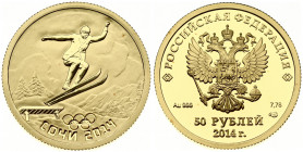 Russia 50 Roubles 2014 Winter Olympics Sochi Ski jumping. On the mirror field of the disc - the relief image of the State Coat of Arms of the Russian ...