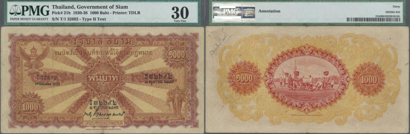 Thailand: Government of Siam 1000 Baht 1930, P.21b, lightly toned paper with som...