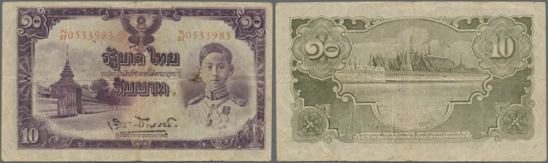 Thailand: 10 Baht ND(1945) P. 48, used with folds and creases, no holes or tears...
