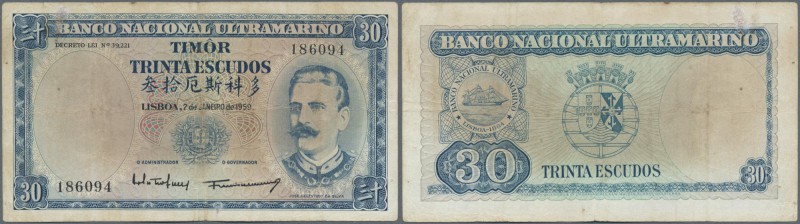 Timor: rare denomination 30 Escudos 1959 P. 22 in used condition with folds and ...