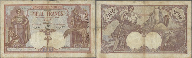 Tunisia: 1000 Francs 1939 P. 11b, TUNISIE overprint on Algeria banknote issue, u...