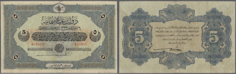 Turkey: 5 Livres 1916 P. 91, vertically folded several times, no holes or tears,...