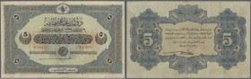 Turkey: 5 Livres 1916 P. 91, vertically folded several times, no holes or tears, still stong paper, condition F+ to VF-.