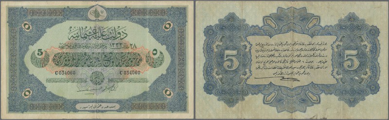 Turkey: 5 Livres Turques AH1333 (1914), P.104, rare note in great original shape...