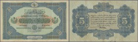 Turkey: 5 Livres Turques AH1333 (1914), P.104, rare note in great original shape, vertically folded, some other minor creases in the apper and a few s...