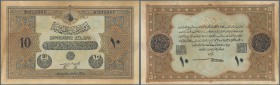 Turkey: 10 Livres Turques AH1334 (1918) contemporary forgery without watermark and stamp: DEUXIÈME ÉMISSION, P.110x, wavy and yellowed paper with a fe...