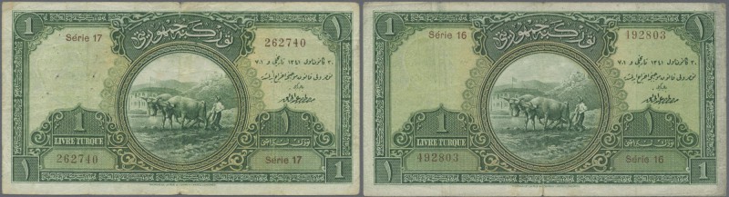 Turkey: Pair of 1 Livre L. AH1341 (1926), series 16 and 17, P.119, both in almos...