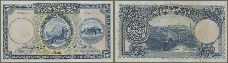 Turkey: 5 Livres L. AH1341 (1926), series 15, P.120, rare note in still good con...