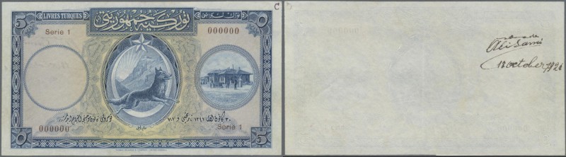 Turkey: 5 Livres L. AH1341 (1926) front proof SPECIMEN, P.120ps, hand cut with s...
