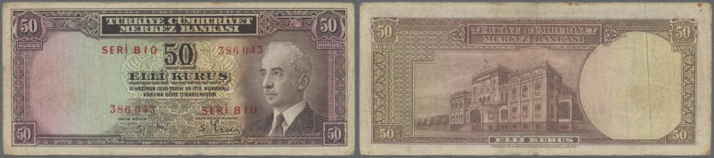 Turkey: 50 Kurus L. 1930 (1940-1944) ”İnönü” - Interim Issue, P.133, yellowed pa...